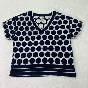 Cabi Womens XS Volley Pullover Navy Blue White Circle Dot Reversible Sweater Top